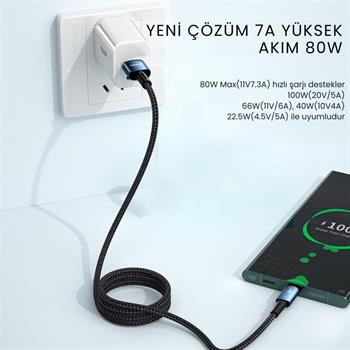 Essager 2 Metre 80W 7A USB to Type-C Süper Hızlı Data Şarj Kablosu, Ultra Dayanıklı Şarj ve Data Kablosu