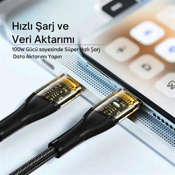 Essager 2 Metre PD 100W Led Işıklı Süper Hızlı Type C To Type C Şarj Data Kablosu, Akım,Isı, Güçlü Kablo