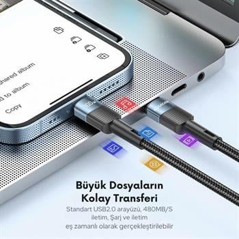 Essager 2 Metre PD 100W QC4.0 Süper Hızlı Type C To Type C Şarj Data Kablosu, Akım,Isı, Batarya Korumalı