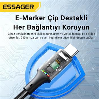 Essager 2 Metre PD 240W  Type-C to Type-C Mega Hızlı Data Şarj Kablosu, Telefon, Tablet, Laptop Şarj Kablosu