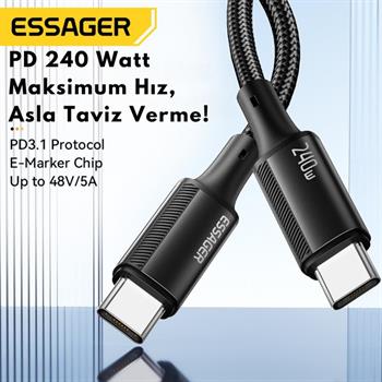 Essager 2 Metre PD 240W  Type-C to Type-C Mega Hızlı Data Şarj Kablosu, Telefon, Tablet, Laptop Şarj Kablosu