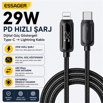 ESSAGER 29W PD Dijital Göstergeli Type-C to Lightning Hızlı Şarj ve Data Kablosu 3A 480Mbps Örgülü