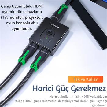 Essager 2in1 Çift Yönlü HDMI Switch Adaptör, 4K 60Hz, Çift Ekran Bağlantılı Çevirici, TV,PC,Projektör