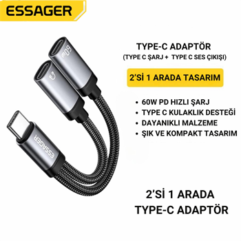 ESSAGER 2in1 Type-C Adaptör | 60W Hızlı Şarj + Type C Kulaklık Çıkışı, Hifi Ses ve Hızlı Şarj Adaptörü