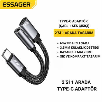 ESSAGER 2in1 Type-C Adaptör | 60W Hızlı Şarj + 3.5mm Kulaklık Çıkışı, Hifi Ses ve Hızlı Şarj Adaptörü