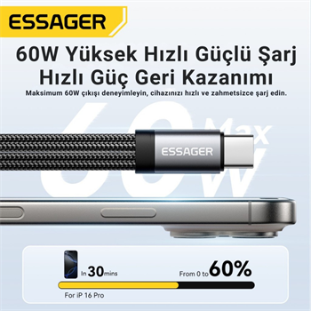 ESSAGER 2in1 Type-C Adaptör | 60W Hızlı Şarj + 3.5mm Kulaklık Çıkışı, Hifi Ses ve Hızlı Şarj Adaptörü
