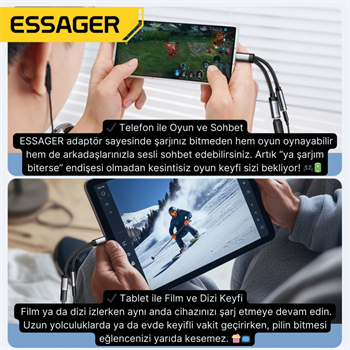 ESSAGER 2in1 Type-C Adaptör | 60W Hızlı Şarj + 3.5mm Kulaklık Çıkışı, Hifi Ses ve Hızlı Şarj Adaptörü