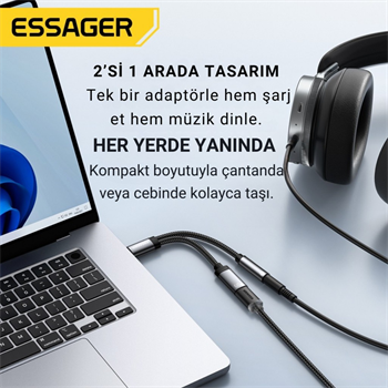 ESSAGER 2in1 Type-C Adaptör | 60W Hızlı Şarj + Type C Kulaklık Çıkışı, Hifi Ses ve Hızlı Şarj Adaptörü