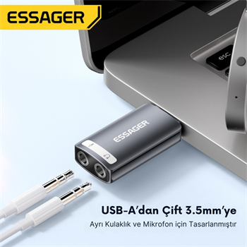 Essager 2in1 USB To 2x 3.5MM Aux Çevirici Adaptör, Kulaklık ve Mikforon Çevirici, Harici Ses Kartı