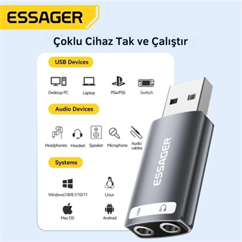 Essager 2in1 USB To 2x 3.5MM Aux Çevirici Adaptör, Kulaklık ve Mikforon Çevirici, Harici Ses Kartı