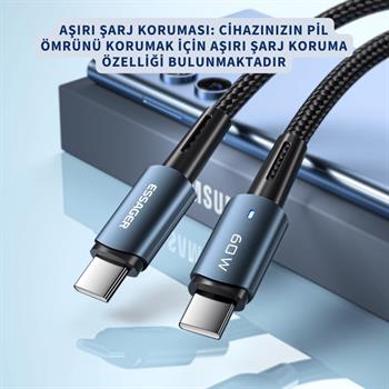 Essager 3 Metre 60W Type C to Type-C Ultra Hızlı Data Şarj Kablosu,Süper Dayanıklı Şarj ve Data Kablosu