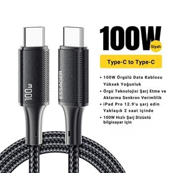 Essager 3 Metre PD 100W Süper Hızlı Type C To Type C Şarj Data Kablosu, E-marker Çipli Akıllı Şarj Kablosu