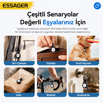 ESSAGER 4 Adet SET Akıllı SmartTag Takip Cihazı iPhone iOS Uyumlu Konum Bulucu Anahtar Çanta Valiz Takip Cihazı
