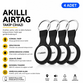 ESSAGER 4 Adet SET Akıllı SmartTag Takip Cihazı iPhone iOS Uyumlu Konum Bulucu Anahtar Çanta Valiz Takip Cihazı