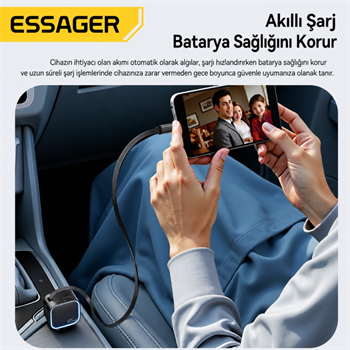 ESSAGER 45W Hızlı Şarj Araç Şarj Cihazı Type C 75cm Çekilebilir Kablo USB-C USB-A 3lü Çıkış 12V/24V