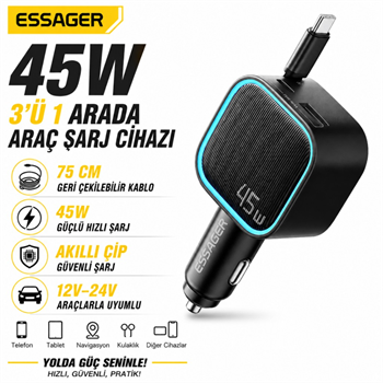 ESSAGER 45W Hızlı Şarj Araç Şarj Cihazı Type C 75cm Çekilebilir Kablo USB-C USB-A 3'lü Çıkış 12V/24V