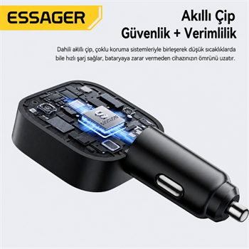 ESSAGER 45W Hızlı Şarj Araç Şarj Cihazı Type C 75cm Çekilebilir Kablo USB-C USB-A 3lü Çıkış 12V/24V