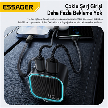 ESSAGER 45W Hızlı Şarj Araç Şarj Cihazı Type C 75cm Çekilebilir Kablo USB-C USB-A 3lü Çıkış 12V/24V