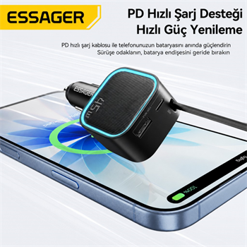 ESSAGER 45W Hızlı Şarj Araç Şarj Cihazı Type C 75cm Çekilebilir Kablo USB-C USB-A 3lü Çıkış 12V/24V