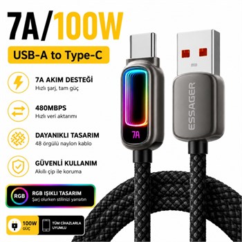 Essager 7A 100W RGB Işıklı USB-A to Type-C Hızlı Şarj Kablosu – 480Mbps Veri Aktarımı, Örgülü Dayanıklı Kablo  00354-00355 