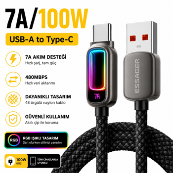ESSAGER 7A 100W RGB Işıklı USB-A to Type-C Hızlı Şarj Kablosu – 480Mbps Veri Aktarımı, Örgülü Dayanıklı Kablo