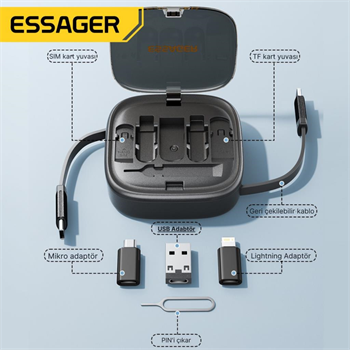 Essager 7in1 60W Çekilebilir Type C, Micro, İphone Lightning Kablolu, Dönüştürücü, Sim Aparatlı Seyahat Seti