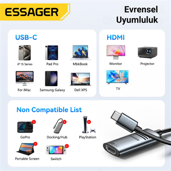 Essager 8K@60Hz Type C To HDMİ Çevirici Adaptör, Ses ve Görüntü Aktarıcı, Type C HDMİ Ekran Çoğaltıcı