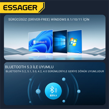 Essager Bluetooth 5.3 sürücüsüz tak-çalıştır Bluetooth Adaptörü, Tv, PC, Kulaklık, Ses Sitemi Uyumlu