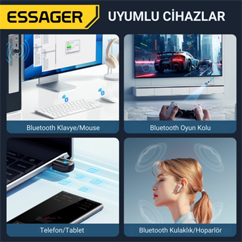 Essager Bluetooth 5.3 sürücüsüz tak-çalıştır Bluetooth Adaptörü, Tv, PC, Kulaklık, Ses Sitemi Uyumlu