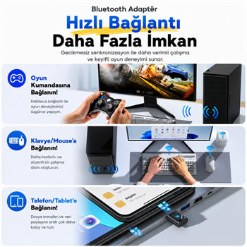 Essager Bluetooth 6.0 USB Adaptör – 20 Metre Menzil, 5 Cihaza Kadar Bağlantı, Tak Çalıştır, Windows Uyumlu