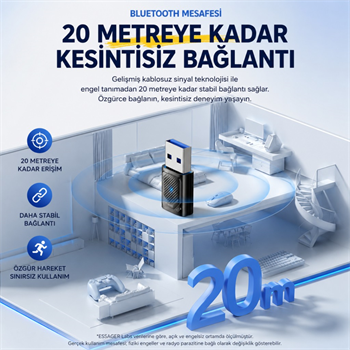 Essager Bluetooth 6.0 USB Adaptör – 20 Metre Menzil, 5 Cihaza Kadar Bağlantı, Tak Çalıştır, Windows Uyumlu