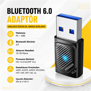 Essager Bluetooth 6.0 USB Adaptör – 20 Metre Menzil, 5 Cihaza Kadar Bağlantı, Tak Çalıştır, Windows Uyumlu