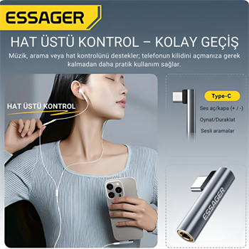 ESSAGER L Tip Type-C to 3.5mm Ses ve Kulaklık Çıkışı, Hifi Ses Destekli, Telefon, Tablet, PC Uyumlu
