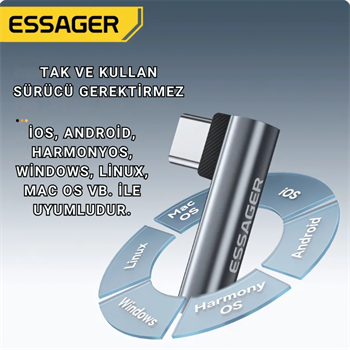 ESSAGER L Tip Type-C to 3.5mm Ses ve Kulaklık Çıkışı, Hifi Ses Destekli, Telefon, Tablet, PC Uyumlu