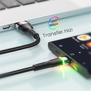 Essager LEd Işıklı 1 Metre 3A USB to Type-C Ultra Hızlı Şarj Kablosu,Dayanıklı Renkli Led Işıklı Kablo