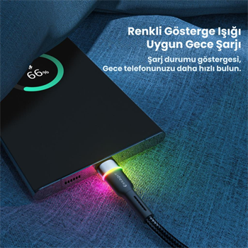 Essager LEd Işıklı 1 Metre 3A USB to Type-C Ultra Hızlı Şarj Kablosu,Dayanıklı Renkli Led Işıklı Kablo