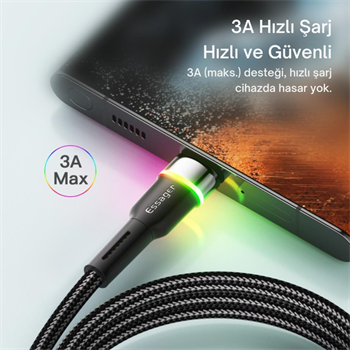 Essager LEd Işıklı 1 Metre 3A USB to Type-C Ultra Hızlı Şarj Kablosu,Dayanıklı Renkli Led Işıklı Kablo