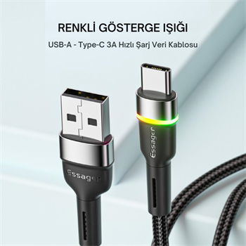Essager LEd Işıklı 1 Metre 3A USB to Type-C Ultra Hızlı Şarj Kablosu,Dayanıklı Renkli Led Işıklı Kablo