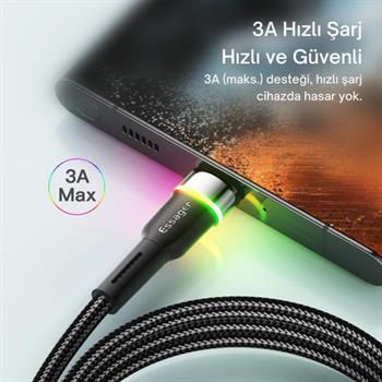 Essager LEd Işıklı 2 Metre 3A USB to Type-C Ultra Hızlı Şarj Kablosu,Dayanıklı Renkli Led Işıklı Kablo