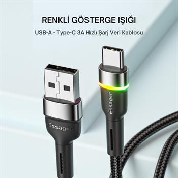 Essager LEd Işıklı 2 Metre 3A USB to Type-C Ultra Hızlı Şarj Kablosu,Dayanıklı Renkli Led Işıklı Kablo