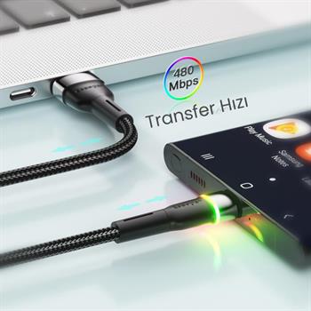 Essager LEd Işıklı 2 Metre 3A USB to Type-C Ultra Hızlı Şarj Kablosu,Dayanıklı Renkli Led Işıklı Kablo