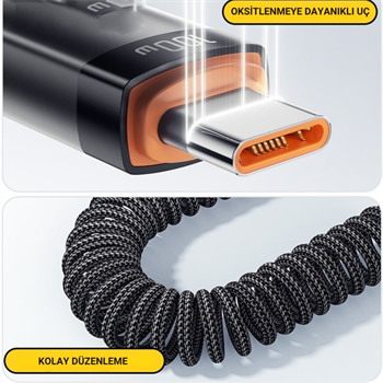 Essager PD 100W 7A USB to Type-C 1.2m Yaylı Spiral Data ve Hızlı Şarj Kablosu, Kopmaz, Karışmaz Kablo
