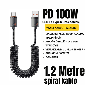 Essager PD 100W 7A USB to Type-C 1.2m Yaylı Spiral Data ve Hızlı Şarj Kablosu, Kopmaz, Karışmaz Kablo