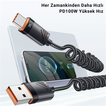 Essager PD 100W 7A USB to Type-C 1.2m Yaylı Spiral Data ve Hızlı Şarj Kablosu, Kopmaz, Karışmaz Kablo