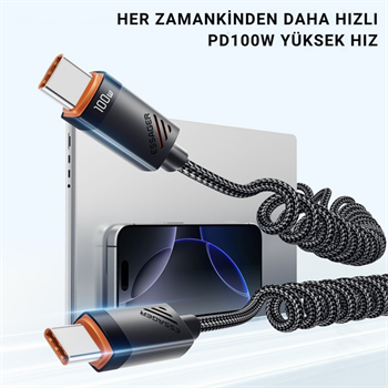 Essager PD 100W Type-C to Type-C 1.8m Yaylı Spiral Data ve Hızlı Şarj Kablosu, Kopmaz, Karışmaz Kablo