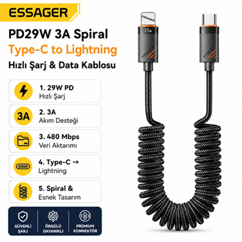 Essager PD29W 3A Type-C to Lightning Spiral Hızlı Şarj ve Data Kablosu l Örgülü Esnek Araç İçi iPhone Şarj Kablosu