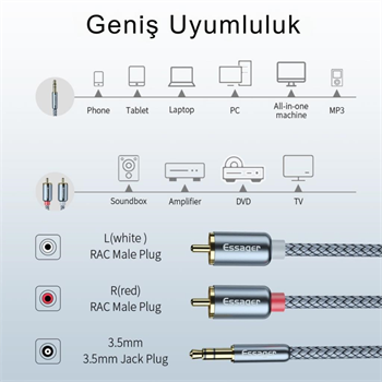 Essager Pro Series 1 Metre 3.5MM Jack to RCA Stereo Ses Sistemi Kablosu, Amfi, Hoparlör, TV Ses Sistemi Kablosu