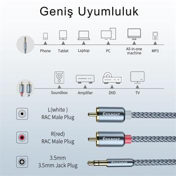 Essager Pro Series 3 Metre 3.5MM Jack to RCA Stereo Ses Sistemi Kablosu, Amfi, Hoparlör, TV Ses Sistemi Kablosu