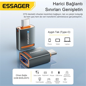 Essager Type-C To USB OTG Dönüştürücü Adaptör, 5 Gbps Veri Aktarım, Mini Type C Çevirici, Klavye, Mouse Çevirici