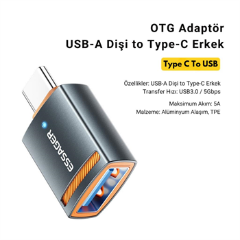 Essager Type-C To USB OTG Dönüştürücü Adaptör, 5 Gbps Veri Aktarım, Mini Type C Çevirici, Klavye, Mouse Çevirici